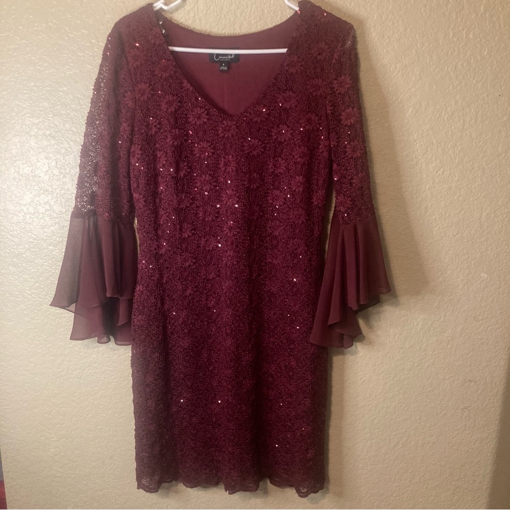 Connected Burgundy Lace/Sequin Bell Sleeve Dress Size 8 Boho Cocktail Formal Rom